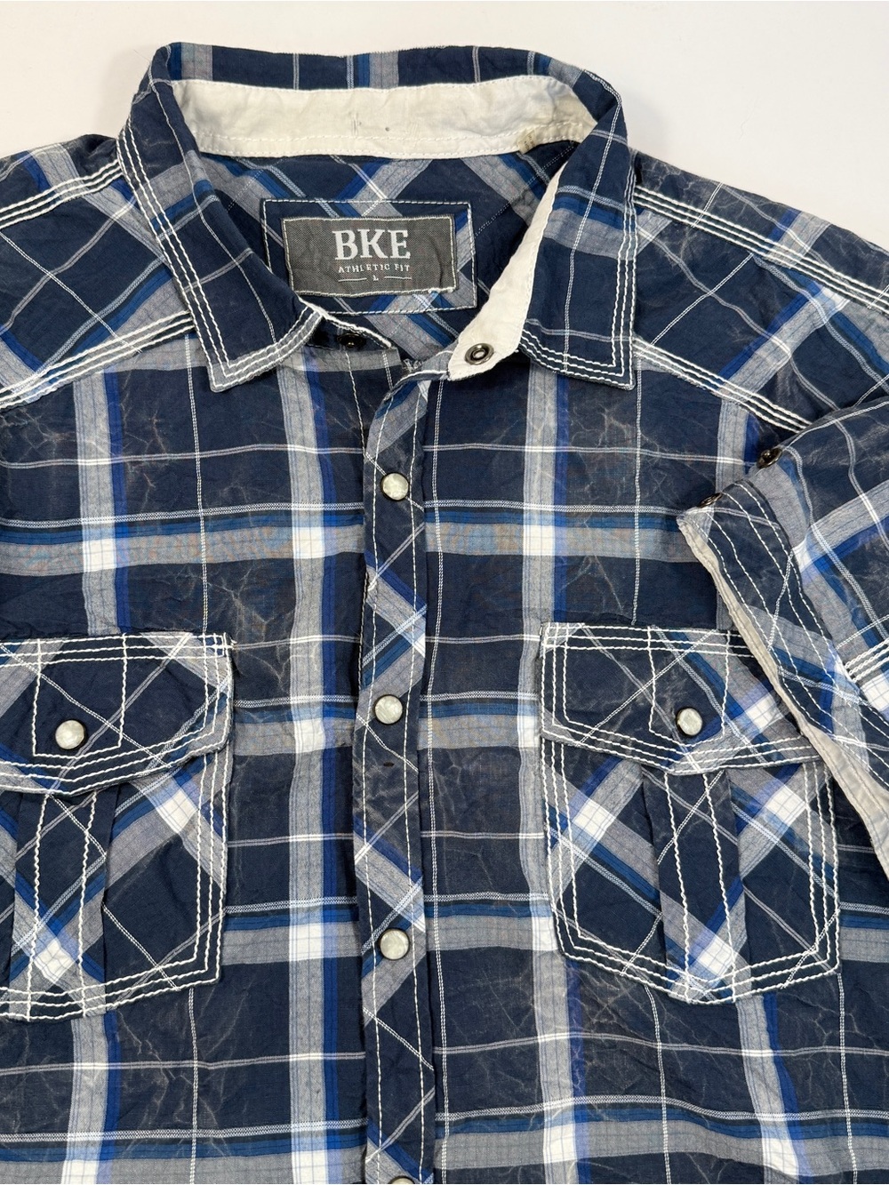 BKE Buckle Pearl Snap Blue Plaid Button-Up Shirt Men’s Large Washed/Worn Look